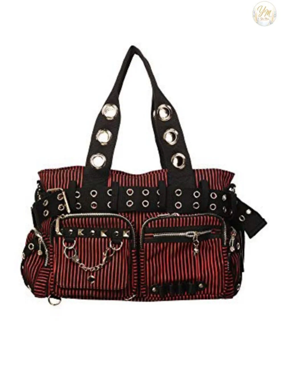 Striped Punk Rock Steampunk Hobo Purse Handcuff Skull Charm Zipper Shoulder Bag